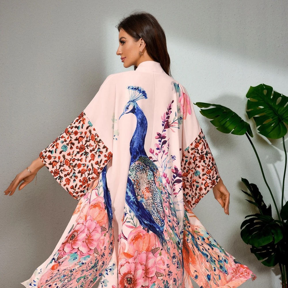 Vibrant Peacock and Floral Kimono - Picture 4 of 6